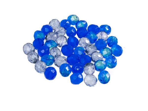 Böhmische Glasschliffperle feuerpoliert rund, 8mm, 45 Perlen, Perlenmischung blautöne