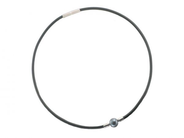 Edelstahl Silikon-Halskette "Black Pearl" m. Bajonettverschluss, ca.42cm, grau