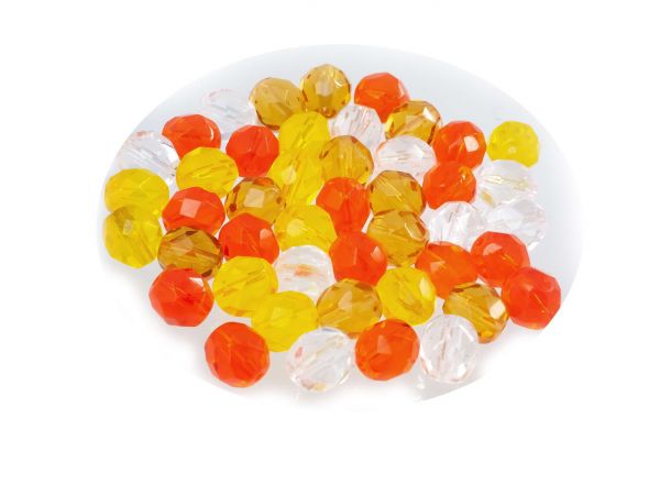Böhmische Glasschliffperle feuerpoliert rund, 8mm, 45 Perlen, Perlenmischung gelb-orange