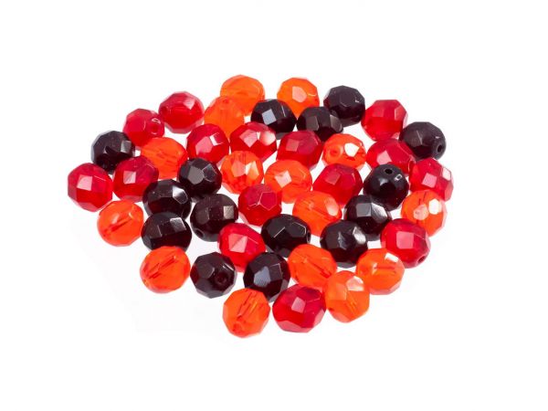 Böhmische Glasschliffperle feuerpoliert rund, 8mm, 45 Perlen, Perlenmischung rot-orange